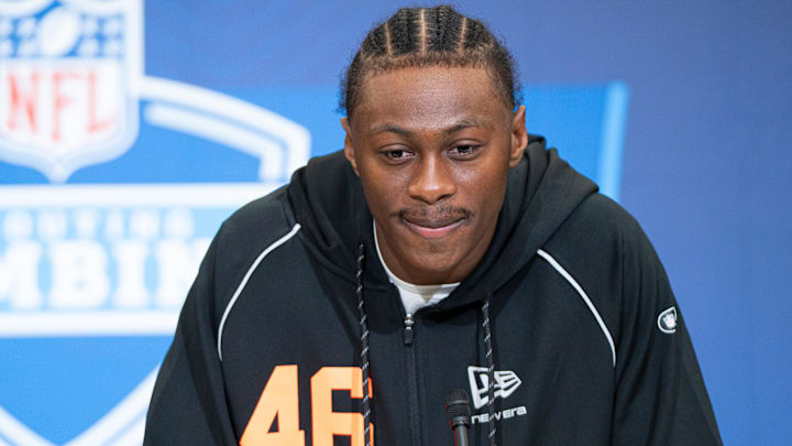 Feb 27, 2026; Indianapolis, IN, USA; Georgia wideout Colbie Young (WO46) speaks to members of the media during the NFL Combine at the Indiana Convention Center. Mandatory Credit: Jacob Musselman-Imagn Images