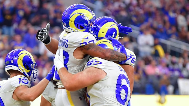 Oct 24, 2024; Inglewood, California, USA; Los Angeles Rams running back Kyren Williams (23) celebrates his touchdown scored against the Minnesota Vikings during the first half at SoFi Stadium. Mandatory Credit: Gary A. Vasquez-Imagn Images