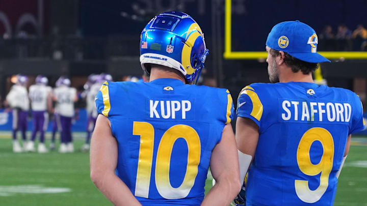 Quarterback Matthew Stafford (9) and wide receiver Cooper Kupp (10) watch from the sidelines against the Minnesota Vikings Quarterback Matthew Stafford (9) and wide receiver Cooper Kupp (10) watch from the sidelines against the Minnesota Vikings