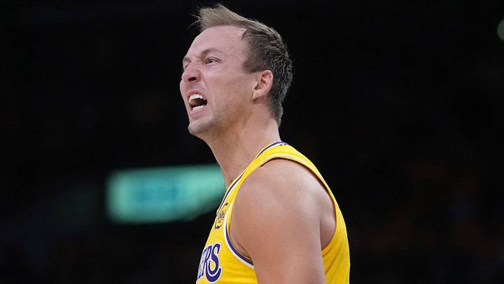 Apr 18, 2026; Los Angeles, California, USA; Los Angeles Lakers guard Luke Kennard (10) celebrates against the Houston Rockets in the second half during game one of the first round of the 2026 NBA Playoffs at Crypto.com Arena. Mandatory Credit: Kirby Lee-Imagn Images Apr 18, 2026; Los Angeles, California, USA; Los Angeles Lakers guard Luke Kennard (10) celebrates against the Houston Rockets in the second half during game one of the first round of the 2026 NBA Playoffs at Crypto.com Arena. Mandatory Credit: Kirby Lee-Imagn Images