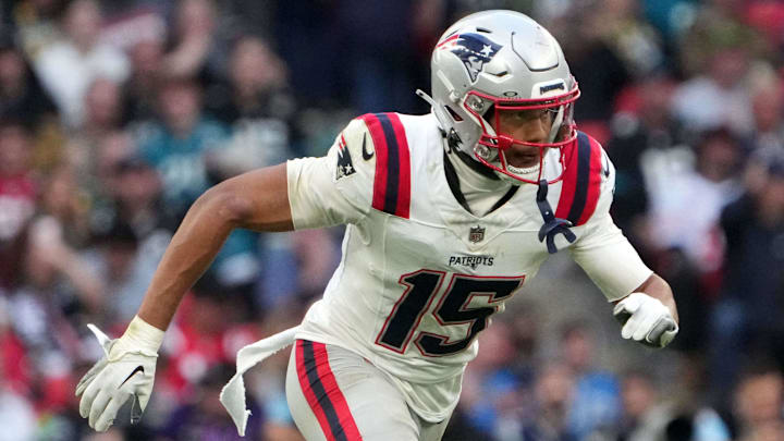 Oct 20, 2024; London, United Kingdom; New England Patriots safety Marte Mapu (15) against the Jacksonville Jaguars in the second half of an NFL International Series game at Wembley Stadium. Mandatory Credit: Kirby Lee-Imagn Images