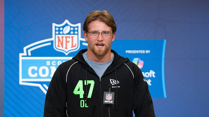 Feb 28, 2026; Indianapolis, IN, USA; Florida offensive lineman Jake Slaughter (OL47) speaks to members of the media during the NFL Combine at the Indiana Convention Center. Mandatory Credit: Jacob Musselman-Imagn Images