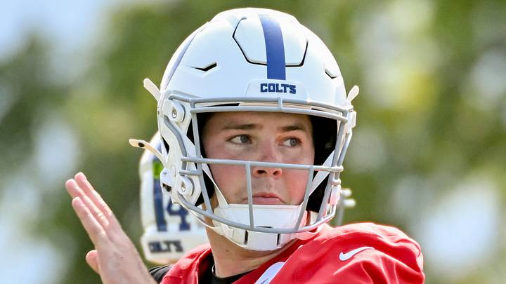  Indianapolis Colts quarterback Riley Leonard throws a pass during a drill 