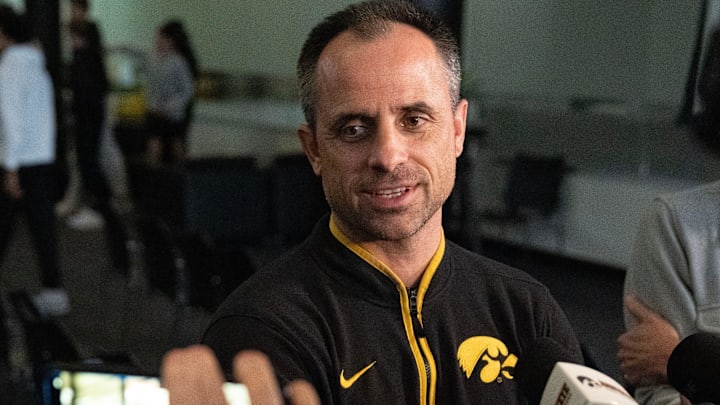Iowa head coach Ben McCollum speaks to members of the media after the Iowa Hawkeyes men’s basketball team was named a 9-seed in the NCAA Tournament March 15, 2026 at Carver-Hawkeye Arena in Iowa City, Iowa.
