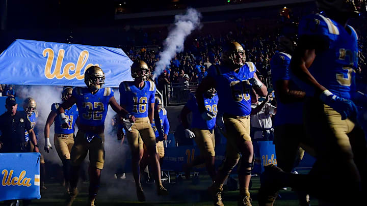 Aug 30, 2025; Pasadena, California, USA; UCLA Bruins are introduced before playing against the Utah Utes at Rose Bowl. Mandatory Credit: Gary A. Vasquez-Imagn Images