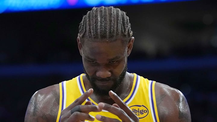 Oct 24, 2025; Los Angeles, California, USA; Los Angeles Lakers center Deandre Ayton (5) reacts in the first half against the Minnesota Timberwolves at Crypto.com Arena. Mandatory Credit: Kirby Lee-Imagn Images