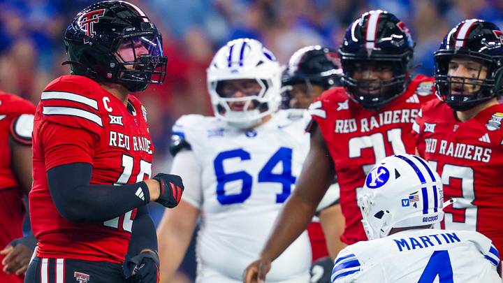 Dec 6, 2025; Arlington, TX, USA; Texas Tech Red Raiders linebacker Jacob Rodriguez (10) reacts in front of BYU Cougars running back LJ Martin (4) during the first quarter at AT&T Stadium. Mandatory Credit: Kevin Jairaj-Imagn Images Dec 6, 2025; Arlington, TX, USA; Texas Tech Red Raiders linebacker Jacob Rodriguez (10) reacts in front of BYU Cougars running back LJ Martin (4) during the first quarter at AT&T Stadium. Mandatory Credit: Kevin Jairaj-Imagn Images