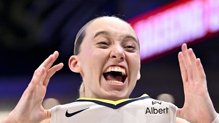 Paige Bueckers celebrates after the game against the Phoenix Mercury Paige Bueckers celebrates after the game against the Phoenix Mercury