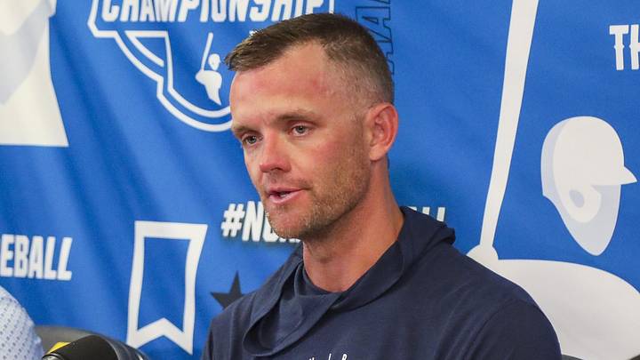 Jun 5, 2026; Morgantown, WV, USA; West Virginia Mountaineers head coach Steve Sabins answers questions from the media after defeating the Cal Poly Mustangs at Kendrick Family Ballpark. Mandatory Credit: Ben Queen-Imagn Images