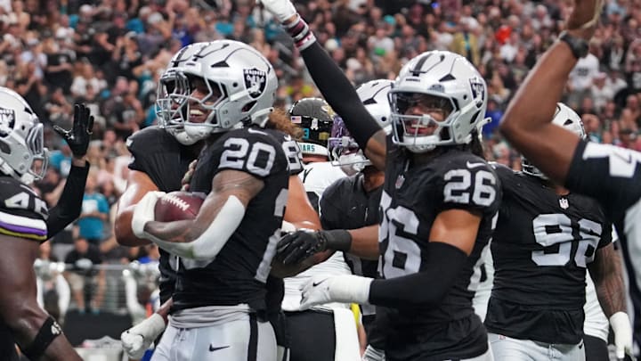 Nov 2, 2025; Paradise, Nevada, USA; Las Vegas Raiders safety Isaiah Pola-Mao (20) reacts after a play during the first half against the Jacksonville Jaguars at Allegiant Stadium. Mandatory Credit: Kirby Lee-Imagn Images