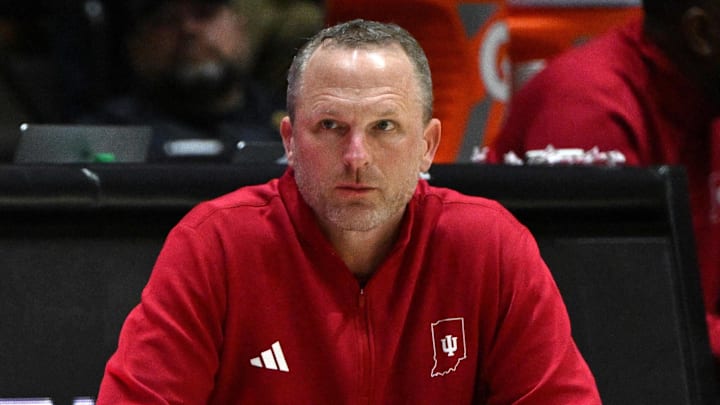 Indiana Hoosiers coach Darian DeVries against the Purdue Boilermakers at Mackey Arena. 