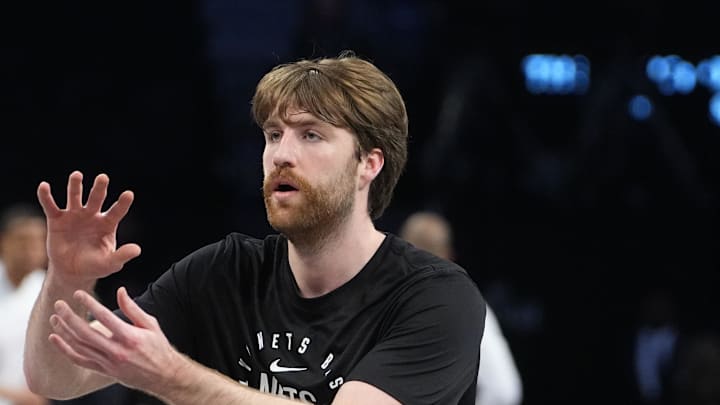 Apr 6, 2025; Brooklyn, New York, USA;  Brooklyn Nets forward Drew Timme (26) warms up prior to the game against the Toronto Raptors at Barclays Center. Mandatory Credit: Gregory Fisher-Imagn Images
