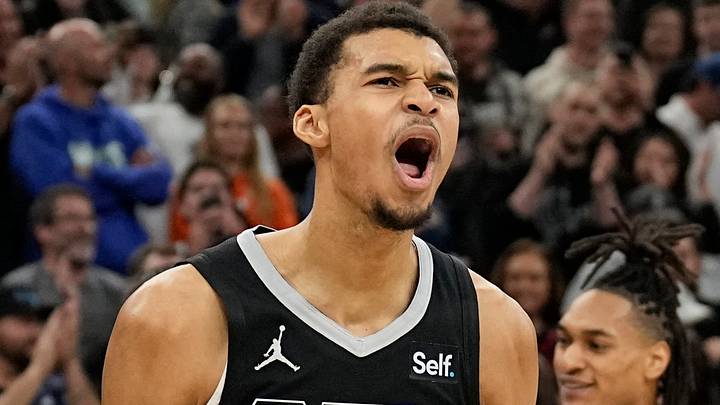 Jan 27, 2024; San Antonio, Texas, USA; San Antonio Spurs forward Victor Wembanyama (1) reacts after a victory over the Minnesota Timberwolves at Frost Bank Center. Mandatory Credit: Scott Wachter-USA TODAY Sports