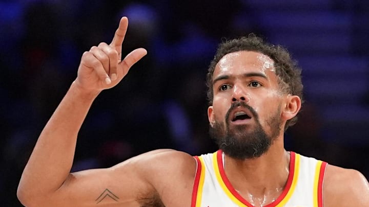 Apr 11, 2025; Philadelphia, Pennsylvania, USA; Atlanta Hawks guard Trae Young (11) reacts after scoring against the Philadelphia 76ers in the fourth quarter at Wells Fargo Center. Mandatory Credit: Kyle Ross-Imagn Images