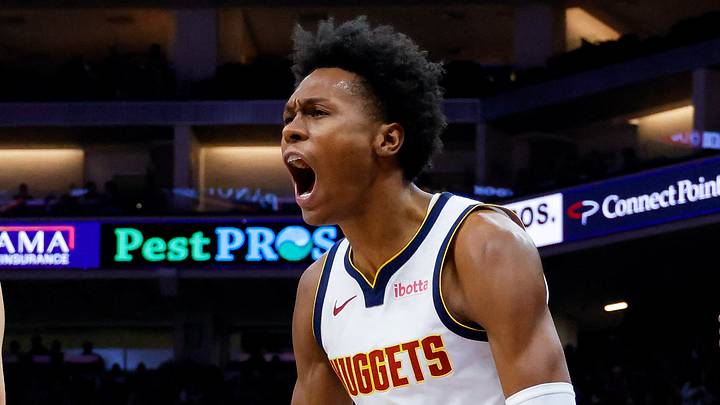 Dec 16, 2024; Sacramento, California, USA; Denver Nuggets forward Peyton Watson (8) reacts after scoring a basket against the Sacramento Kings during the second quarter at Golden 1 Center. Mandatory Credit: Sergio Estrada-Imagn Images Dec 16, 2024; Sacramento, California, USA; Denver Nuggets forward Peyton Watson (8) reacts after scoring a basket against the Sacramento Kings during the second quarter at Golden 1 Center. Mandatory Credit: Sergio Estrada-Imagn Images