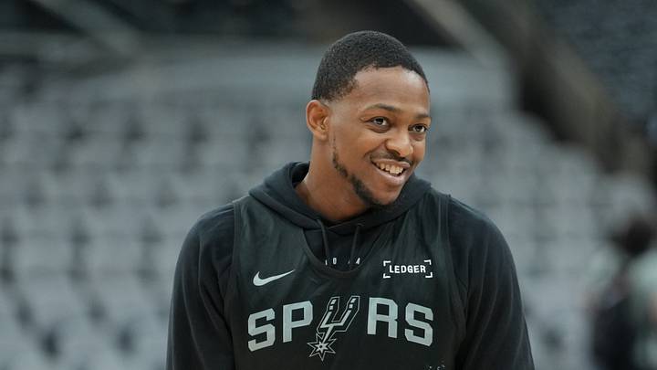 Jun 2, 2026; San Antonio, TX, USA;  San Antonio Spurs guard De'aaron Fox (4) looks over during practice on media day for the 2026 NBA Finals at Frost Bank Center. Mandatory Credit: Daniel Dunn-Imagn Images
