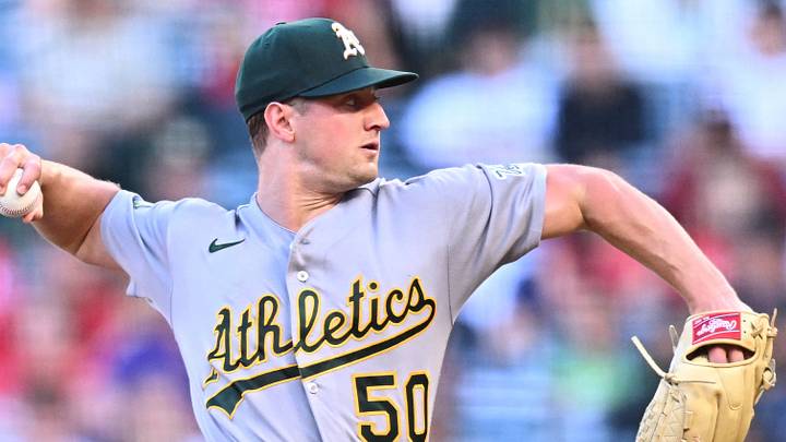 Jun 27, 2026; Anaheim, California, USA; Athletics pitcher Jack Perkins (50) delivers during the first inning against the Los Angeles Angels at Angel Stadium. Mandatory Credit: William Liang-Imagn Images Jun 27, 2026; Anaheim, California, USA; Athletics pitcher Jack Perkins (50) delivers during the first inning against the Los Angeles Angels at Angel Stadium. Mandatory Credit: William Liang-Imagn Images