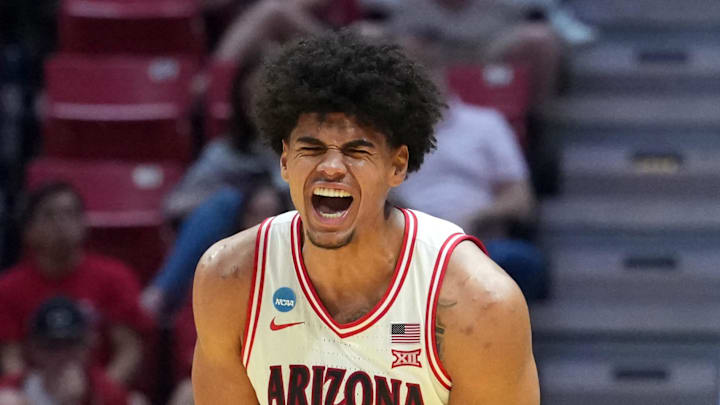 Mar 20, 2026; San Diego, CA, USA; Arizona Wildcats forward Koa Peat (10) reacts in the first half against the LIU Sharks during a first round game of the men's 2026 NCAA Tournament at Viejas Arena. Mandatory Credit: Kirby Lee-Imagn Images Mar 20, 2026; San Diego, CA, USA; Arizona Wildcats forward Koa Peat (10) reacts in the first half against the LIU Sharks during a first round game of the men's 2026 NCAA Tournament at Viejas Arena. Mandatory Credit: Kirby Lee-Imagn Images