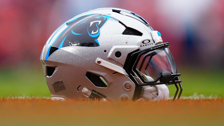 Oct 27, 2024; Denver, Colorado, USA; Detailed view of a Carolina Panthers helmet on the turf at Empower Field before the game against the Denver Broncos at Mile High. Mandatory Credit: Ron Chenoy-Imagn Images Oct 27, 2024; Denver, Colorado, USA; Detailed view of a Carolina Panthers helmet on the turf at Empower Field before the game against the Denver Broncos at Mile High. Mandatory Credit: Ron Chenoy-Imagn Images