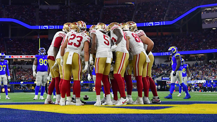 Oct 2, 2025; Inglewood, California, USA;  The San Francisco 49ers  huddle up before a play against the Los Angeles Rams during the second half at SoFi Stadium. Mandatory Credit: Gary A. Vasquez-Imagn Images