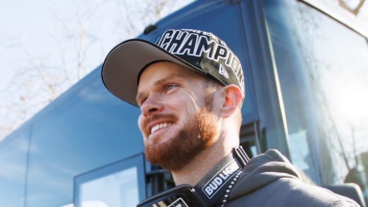 Sam Darnold reacts during Seattle Seahawks Super Bowl LX parade.