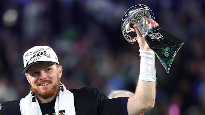 Seattle Seahawks quarterback Sam Darnold (14) celebrates  after defeating the New England Patriots in Super Bowl LX