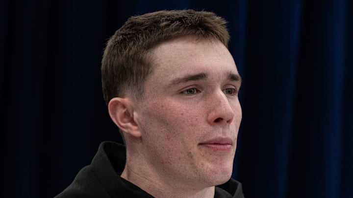 Feb 27, 2026; Indianapolis, IN, USA; Naval Academy running back Eli Heidenreich (RB07) speaks to members of the media during the NFL Combine at the Indiana Convention Center. Mandatory Credit: Jacob Musselman-Imagn Images Feb 27, 2026; Indianapolis, IN, USA; Naval Academy running back Eli Heidenreich (RB07) speaks to members of the media during the NFL Combine at the Indiana Convention Center. Mandatory Credit: Jacob Musselman-Imagn Images