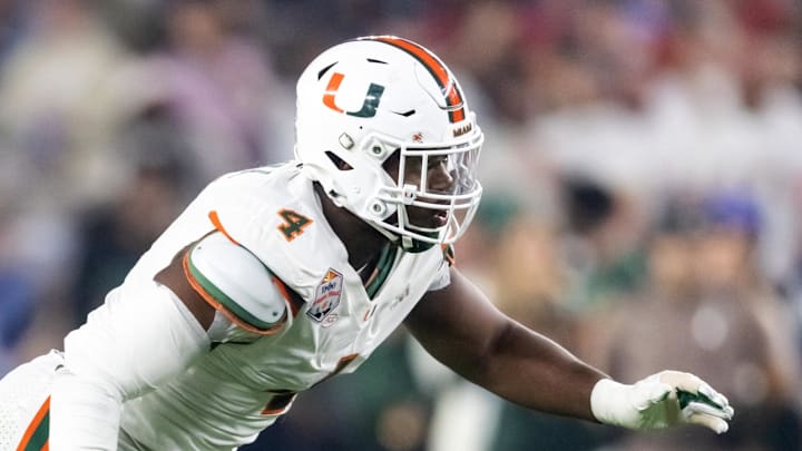 Jan 8, 2026; Glendale, AZ, USA; Miami Hurricanes defensive lineman Rueben Bain Jr. (4) against the Mississippi Rebels during the 2026 Fiesta Bowl and semifinal game of the College Football Playoff at State Farm Stadium. Mandatory Credit: Mark J. Rebilas-Imagn Images