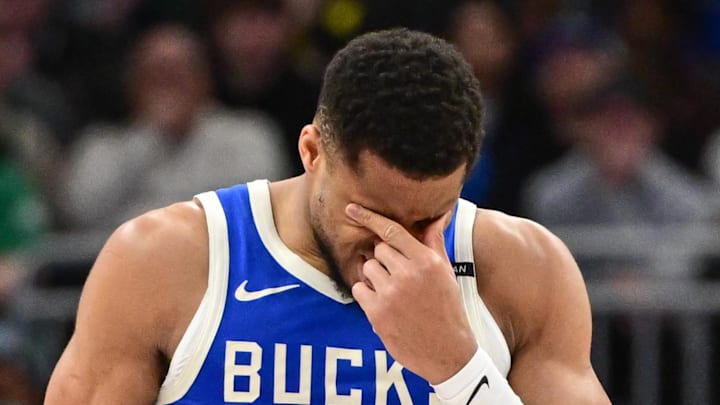 Milwaukee Bucks forward Giannis Antetokounmpo (34) reacts in the second quarter against the Oklahoma City Thunder at Fiserv Forum. March 16, 2025. Milwaukee Bucks forward Giannis Antetokounmpo (34) reacts in the second quarter against the Oklahoma City Thunder at Fiserv Forum. March 16, 2025.