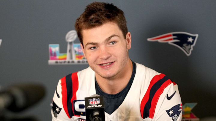 Feb 4, 2026; Santa Clara, CA, USA; New England Patriots quarterback Drake Maye (10) speaks to the media at the Santa Clara Marriott. Mandatory Credit: Cary Edmondson-Imagn Images