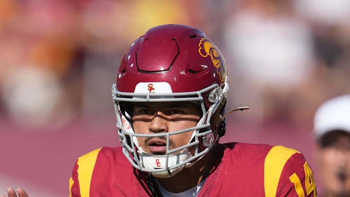 Aug 30, 2025; Los Angeles, California, USA; Southern California Trojans quarterback Jayden Maiava (14) prepares to take the snap against the Missouri State Bears in the first half at United Airlines Field at Los Angeles Memorial Coliseum. Mandatory Credit: Kirby Lee-Imagn Images Aug 30, 2025; Los Angeles, California, USA; Southern California Trojans quarterback Jayden Maiava (14) prepares to take the snap against the Missouri State Bears in the first half at United Airlines Field at Los Angeles Memorial Coliseum. Mandatory Credit: Kirby Lee-Imagn Images