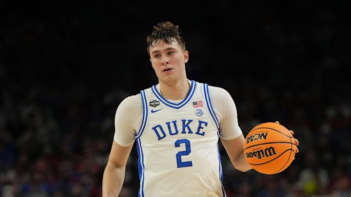 Apr 5, 2025; San Antonio, TX, USA; Duke Blue Devils forward Cooper Flagg (2) dribbles the ball against the Houston Cougars during the second half in the semifinals of the men's Final Four of the 2025 NCAA Tournament at the Alamodome. Mandatory Credit: Bob Donnan-Imagn Images