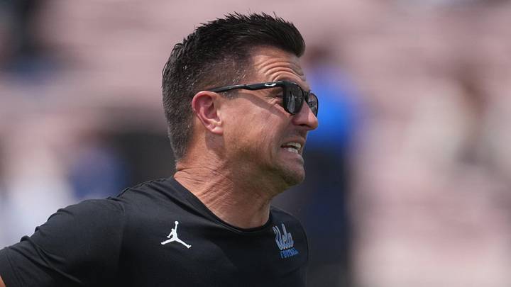 May 2, 2026; Pasadena, CA, USA; UCLA Bruins coach Bob Chesney reacts during the spring game at Rose Bowl. Mandatory Credit: Kirby Lee-Imagn Images