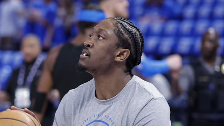Apr 19, 2026; Oklahoma City, Oklahoma, USA; Oklahoma City Thunder guard Jalen Williams (8) warms up before the start of game one of the first round of the 2026 NBA Playoffs against the Phoenix Suns at Paycom Center. Mandatory Credit: Alonzo Adams-Imagn Images