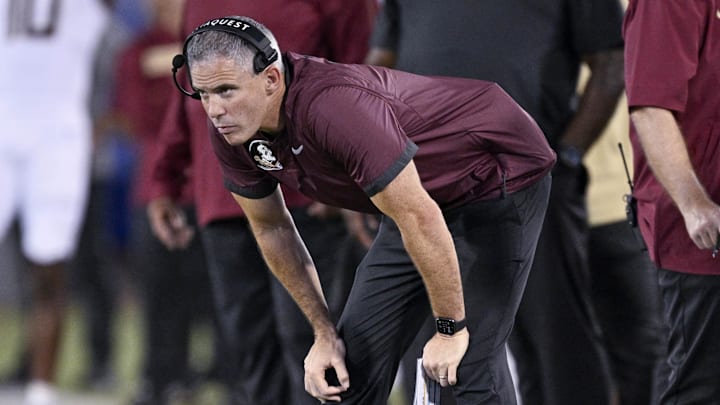 Sep 28, 2024; Dallas, Texas, USA; Florida State Seminoles head coach Mike Norvell looks on during the second quarter against the Southern Methodist Mustangs at Gerald J. Ford Stadium. Mandatory Credit: Jerome Miron-Imagn Images