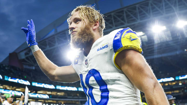 Nov 3, 2024; Seattle, Washington, USA; Los Angeles Rams wide receiver Cooper Kupp (10) waves to fans following an  overtime victory against the Seattle Seahawks at Lumen Field. Mandatory Credit: Joe Nicholson-Imagn Images