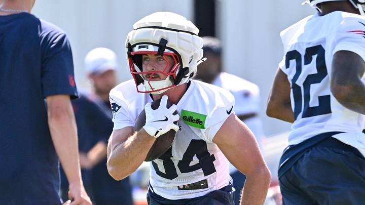 Jul 23, 2025; Foxborough, MA, USA; New England Patriots running back Lan Larison (34) works on a drill during training camp at Gillette Stadium. Mandatory Credit: Eric Canha-Imagn Images