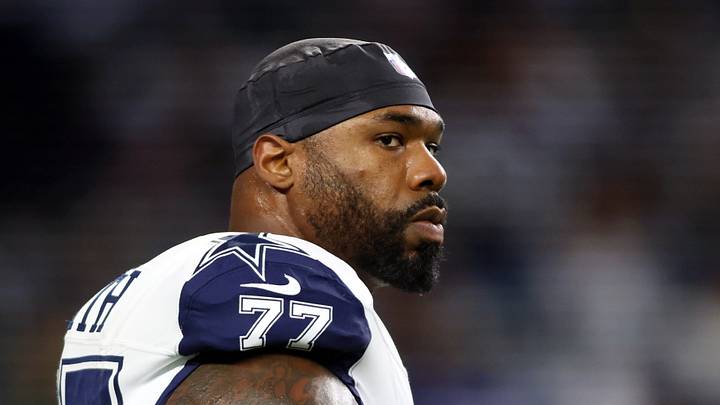Dallas Cowboys offensive tackle Tyron Smith in 2023 against the Philadelphia Eagles; Tim Heitman Dallas Cowboys offensive tackle Tyron Smith in 2023 against the Philadelphia Eagles; Tim Heitman