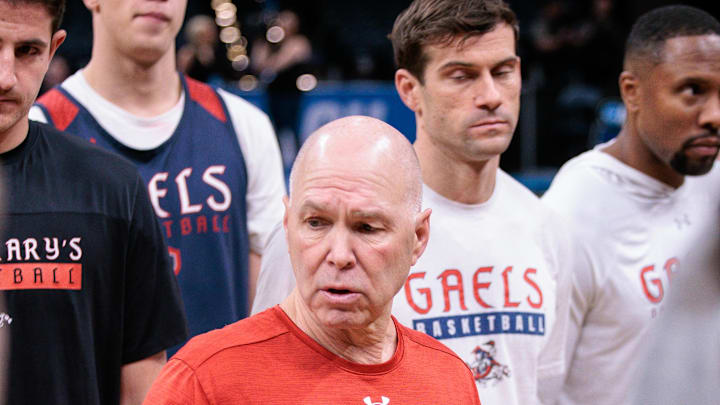 Mar 18, 2026; Oklahoma City, OK, USA; Saint Mary's Gaels head coach Randy Bennett speaks to the team during a practice session ahead of the first round of the men's 2026 NCAA Tournament at Paycom Center. Mandatory Credit: William Purnell-Imagn Images