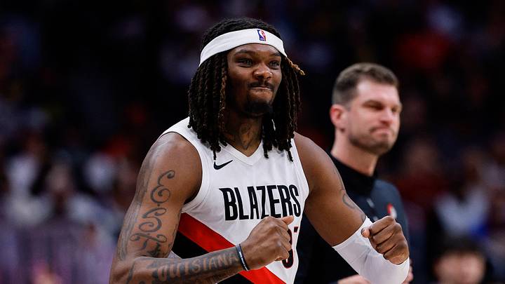 Apr 6, 2026; Denver, Colorado, USA; Portland Trail Blazers center Robert Williams III (35) reacts from the sideline in the third quarter against the Denver Nuggets at Ball Arena. Mandatory Credit: Isaiah J. Downing-Imagn Images