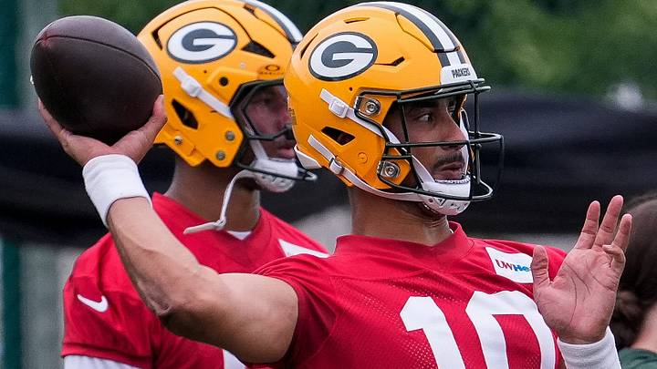 Green Bay Packers quarterback Jordan Love passes the ball at training camp. Green Bay Packers quarterback Jordan Love passes the ball at training camp.