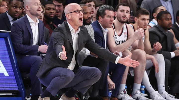 Dec 14, 2024; New York, New York, USA; Connecticut Huskies head coach Dan Hurley reacts to a call in the first half against the Gonzaga Bulldogs at Madison Square Garden. Mandatory Credit: Wendell Cruz-Imagn Images Dec 14, 2024; New York, New York, USA; Connecticut Huskies head coach Dan Hurley reacts to a call in the first half against the Gonzaga Bulldogs at Madison Square Garden. Mandatory Credit: Wendell Cruz-Imagn Images