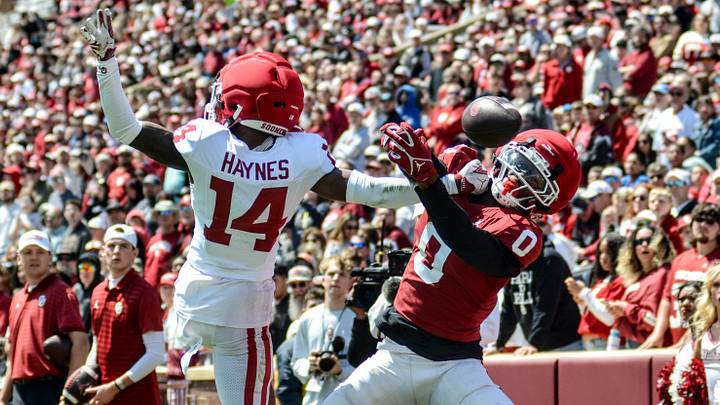 Oklahoma defensive back Trystan Haynes breaks up a pass intended for wide receiver Manny Choice in the spring game. Oklahoma defensive back Trystan Haynes breaks up a pass intended for wide receiver Manny Choice in the spring game.