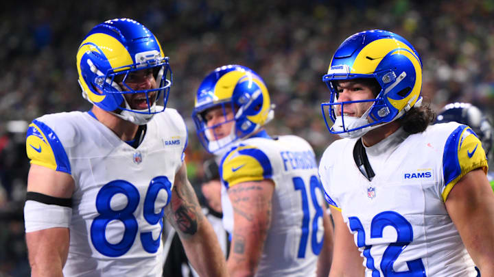 Jan 25, 2026; Seattle, WA, USA; Los Angeles Rams wide receiver Puka Nacua (12) celebrates after scoring a touchdown against the Seattle Seahawks during the second half in the 2026 NFC Championship Game at Lumen Field. Mandatory Credit: Steven Bisig-Imagn Images