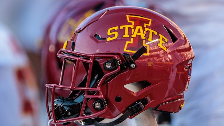 Nov 9, 2024; Kansas City, Missouri, USA; Iowa State Cyclones helmets on the bench during the first quarter against the Kansas Jayhawks at GEHA Field at Arrowhead Stadium. Nov 9, 2024; Kansas City, Missouri, USA; Iowa State Cyclones helmets on the bench during the first quarter against the Kansas Jayhawks at GEHA Field at Arrowhead Stadium.
