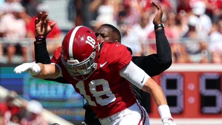 Sep 13, 2025; Tuscaloosa, Alabama, USA; Alabama Crimson Tide defensive back Bray Hubbard (18) celebrates his interception during the first quarter against the Wisconsin Badgers at Saban Field at Bryant-Denny Stadium. Mandatory Credit: David Leong-Imagn Images Sep 13, 2025; Tuscaloosa, Alabama, USA; Alabama Crimson Tide defensive back Bray Hubbard (18) celebrates his interception during the first quarter against the Wisconsin Badgers at Saban Field at Bryant-Denny Stadium. Mandatory Credit: David Leong-Imagn Images