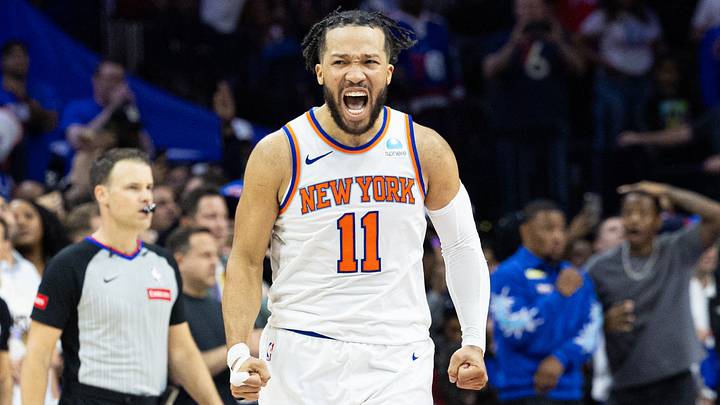May 2, 2024; Philadelphia, Pennsylvania, USA; New York Knicks guard Jalen Brunson (11) reacts after a score against the Philadelphia 76ers during the second half of game six of the first round for the 2024 NBA playoffs at Wells Fargo Center. Mandatory Credit: Bill Streicher-USA TODAY Sports May 2, 2024; Philadelphia, Pennsylvania, USA; New York Knicks guard Jalen Brunson (11) reacts after a score against the Philadelphia 76ers during the second half of game six of the first round for the 2024 NBA playoffs at Wells Fargo Center. Mandatory Credit: Bill Streicher-USA TODAY Sports