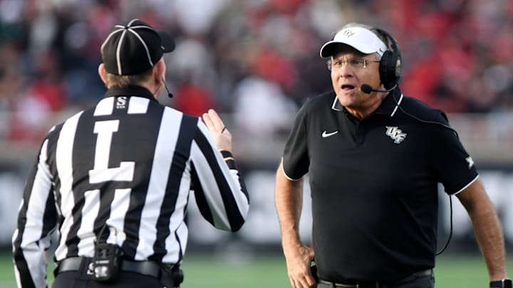 UCF's head coach Gus Malzahn looks at a referee during the Big 12 football game against Texas Tech, Saturday, Nov. 18, 2023, at Jones AT&T Stadium. UCF's head coach Gus Malzahn looks at a referee during the Big 12 football game against Texas Tech, Saturday, Nov. 18, 2023, at Jones AT&T Stadium.