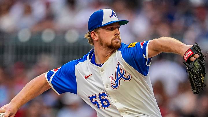 Jun 28, 2025; Cumberland, Georgia, USA; Atlanta Braves starting pitcher Spencer Schwellenbach (56) pitches against the Philadelphia Phillies during the second inning at Truist Park. Mandatory Credit: Dale Zanine-Imagn Images