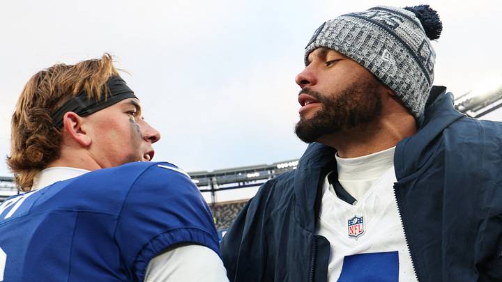 New York Giants quarterback Jaxson Dart (left)) and Dallas Cowboys quarterback Dak Prescott (right) New York Giants quarterback Jaxson Dart (left)) and Dallas Cowboys quarterback Dak Prescott (right)